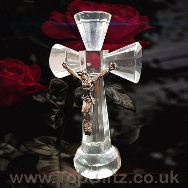 Clear Crystal Cut Glass Crucifix Cross Ornament - 14cm High - TopGiftz