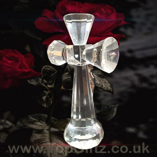 Clear Crystal Cut Glass Crucifix Cross Ornament - 14cm High - TopGiftz