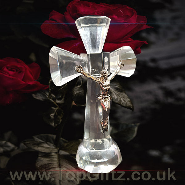 Clear Crystal Cut Glass Crucifix Cross Ornament - 14cm High - TopGiftz