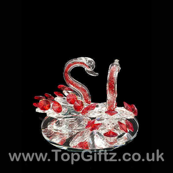 Crystal Clear Cut Glass 2 Swans Ornament Red Neck - 12cm H - TopGiftz