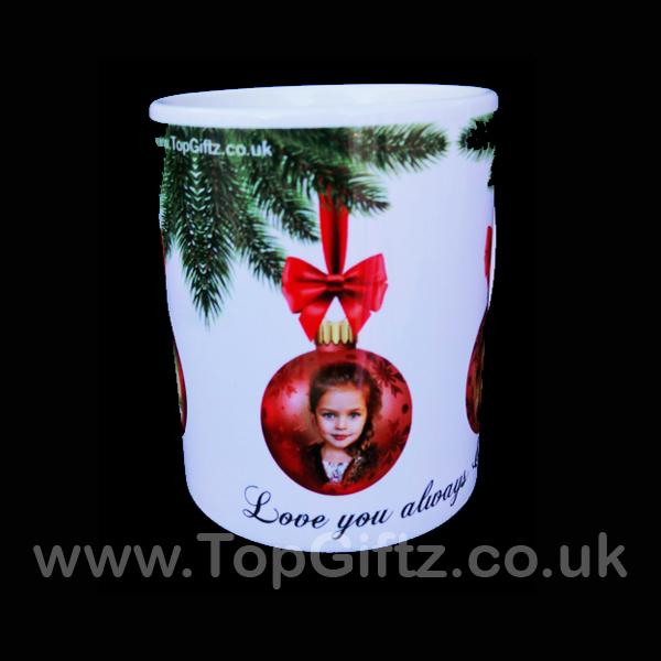 Personalised Christmas Ceramic Mug Add 4 Pictures On Baubles & Message - TopGiftz