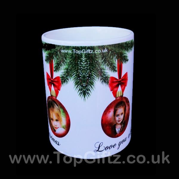 Personalised Christmas Ceramic Mug Add 4 Pictures On Baubles & Message - TopGiftz