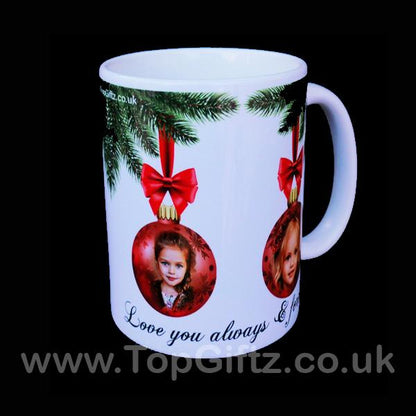 Personalised Christmas Ceramic Mug Add 4 Pictures On Baubles & Message - TopGiftz