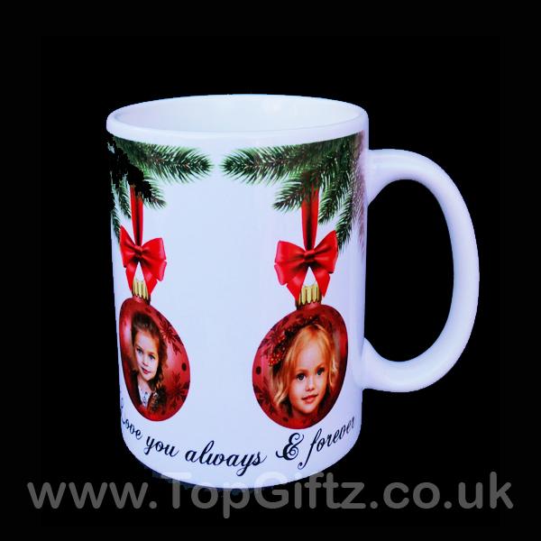 Personalised Christmas Ceramic Mug Add 4 Pictures On Baubles & Message - TopGiftz