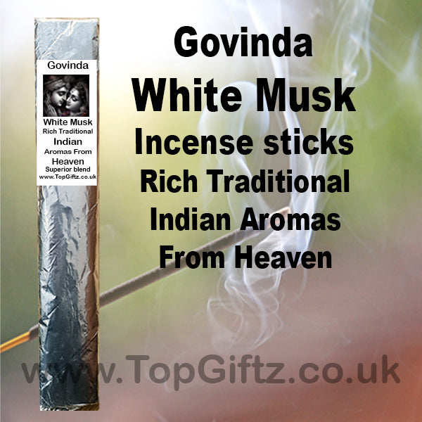 Govinda White Musk Incense sticks Rich Traditional Indian Aromas From Heaven TopGiftz.co.uk