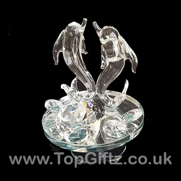Dolphins Crystal Clear Ornament On Rotating Mirror Glass Base - TopGiftz