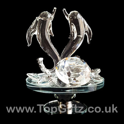 Dolphins Crystal Clear Ornament On Rotating Mirror Glass Base - TopGiftz