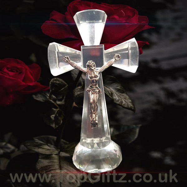 Clear Crystal Cut Glass Crucifix Cross Ornament - 14cm High - TopGiftz
