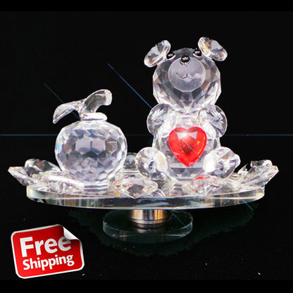 Crystal Clear Teddy Bear With Red Love Heart Rotating Base - TopGiftz