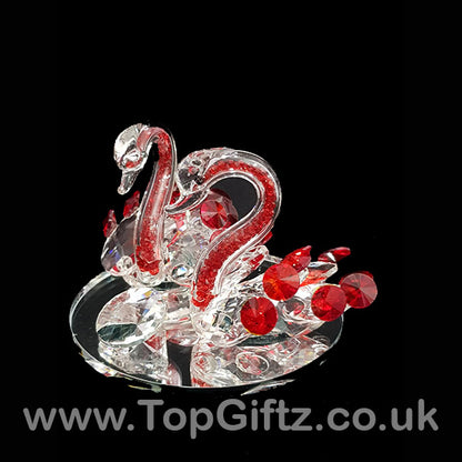 Crystal Clear Cut Glass 2 Swans Ornament Red Neck - 12cm H - TopGiftz