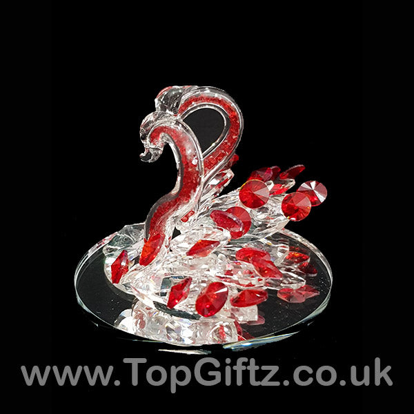 Crystal Clear Cut Glass 2 Swans Ornament Red Neck - 12cm H - TopGiftz