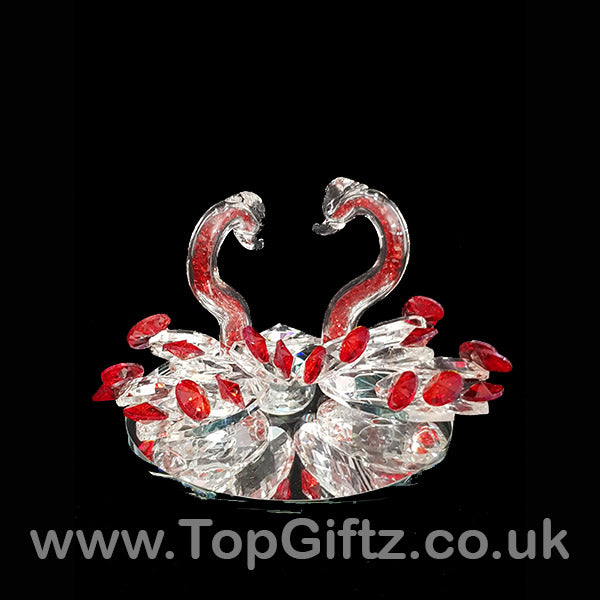 Crystal Clear Cut Glass 2 Swans Ornament Red Neck - 12cm H - TopGiftz