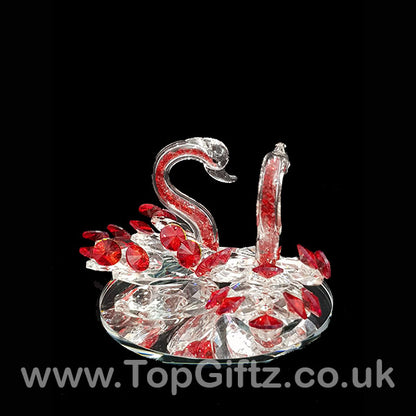 Crystal Clear Cut Glass 2 Swans Ornament Red Neck - 12cm H - TopGiftz