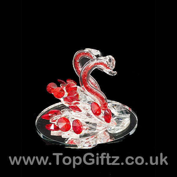 Crystal Clear Cut Glass 2 Swans Ornament Red Neck - 12cm H - TopGiftz