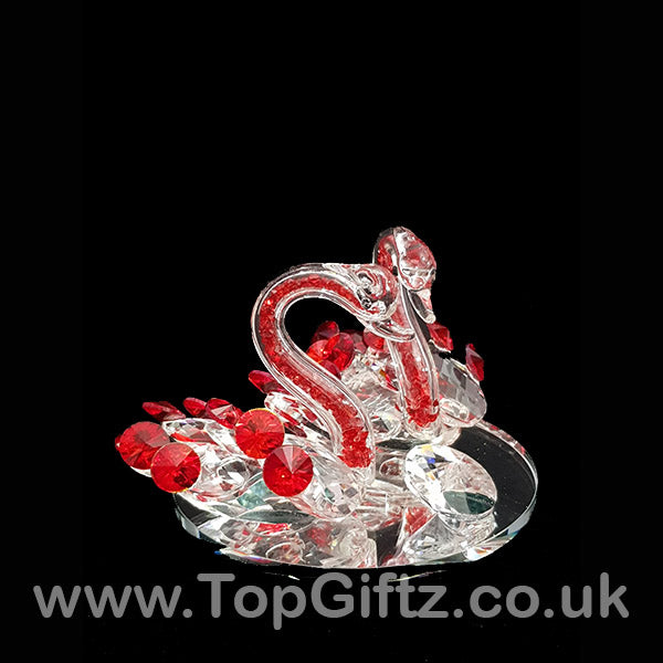 Crystal Clear Cut Glass 2 Swans Ornament Red Neck - 12cm H - TopGiftz