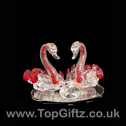 Crystal Clear Cut Glass 2 Swans Ornament Red Neck - 12cm H - TopGiftz