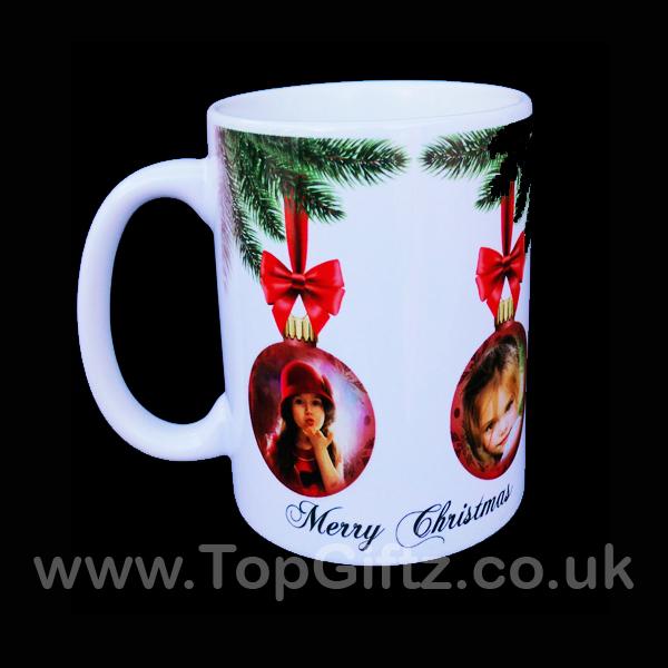 Personalised Christmas Ceramic Mug Add 4 Pictures On Baubles & Message - TopGiftz
